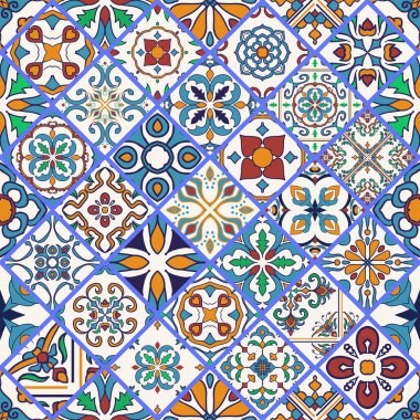 Vektör sorunsuz doku. Güzel mega patchwork desen tasarım ve moda rhombus dekoratif elemanları ile için
