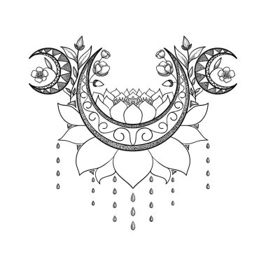 Vektör el dövme tasarım çekilmiş. Hilal ay, lotus ve çiçek kompozisyon. Kutsal Tema