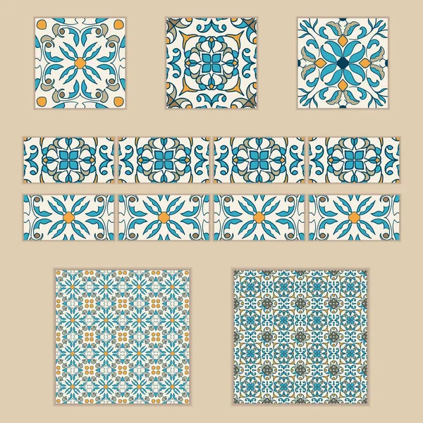 Conjunto vectorial de azulejos y bordes portugueses. Colección de patrones de colores para el diseño y la moda — Archivo Imágenes Vectoriales