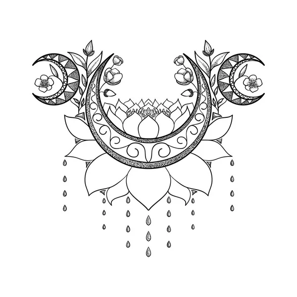 Disegno del tatuaggio disegnato a mano vettoriale. Luna di mezzaluna, composizione di loto e fiori. Tema sacro — Vettoriale Stock