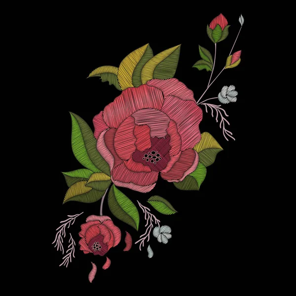 Diseño de bordado vectorial. Patrón floral bordado con rosas y flores — Vector de stock