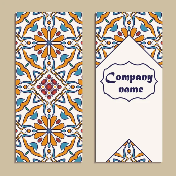 Set vettoriale di banner verticali colorati per affari e inviti. Portoghese, spagnolo, marocchino; arabo; ornamenti asiatici — Vettoriale Stock