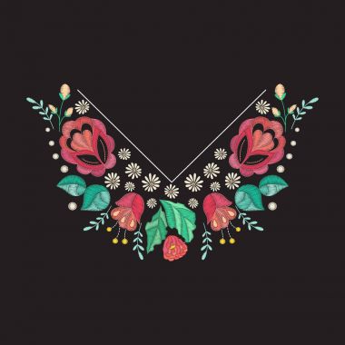 Vektör nakış yaka tasarım. Renkli çiçek desenli boyun dekoratif işlemeli çiçek ve yaprakları ile yazdırma için