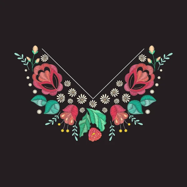 Diseño de escote de bordado vectorial. Patrón floral de color para la impresión del cuello con flores y hojas bordadas decorativas — Vector de stock