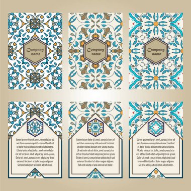 Vektör renkli broşür şablonları iş ve davet için ayarlayın. Portekizce, Fas; Azulejo; Arapça; Asya süsler