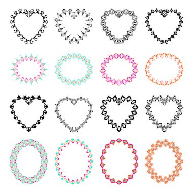 Vektör kabile renkli ve siyah Ovalin ayarla ve tasarım için dekoratif çerçeveler kalp şeklinde. Aztek süs stili