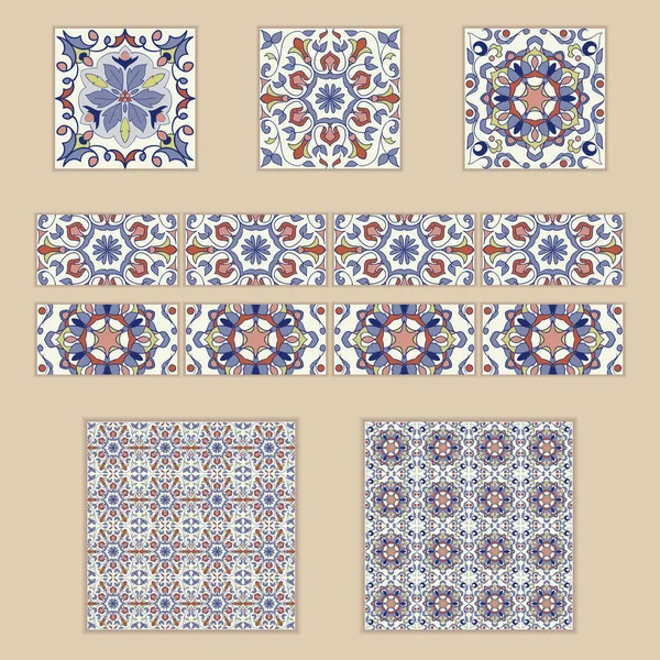 Conjunto vectorial de azulejos y bordes portugueses. Colección de patrones de colores para el diseño y la moda — Archivo Imágenes Vectoriales