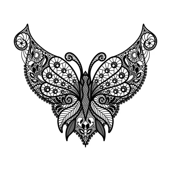 Escote de encaje vectorial. Estampado cuello con forma de mariposa y adorno floral — Vector de stock