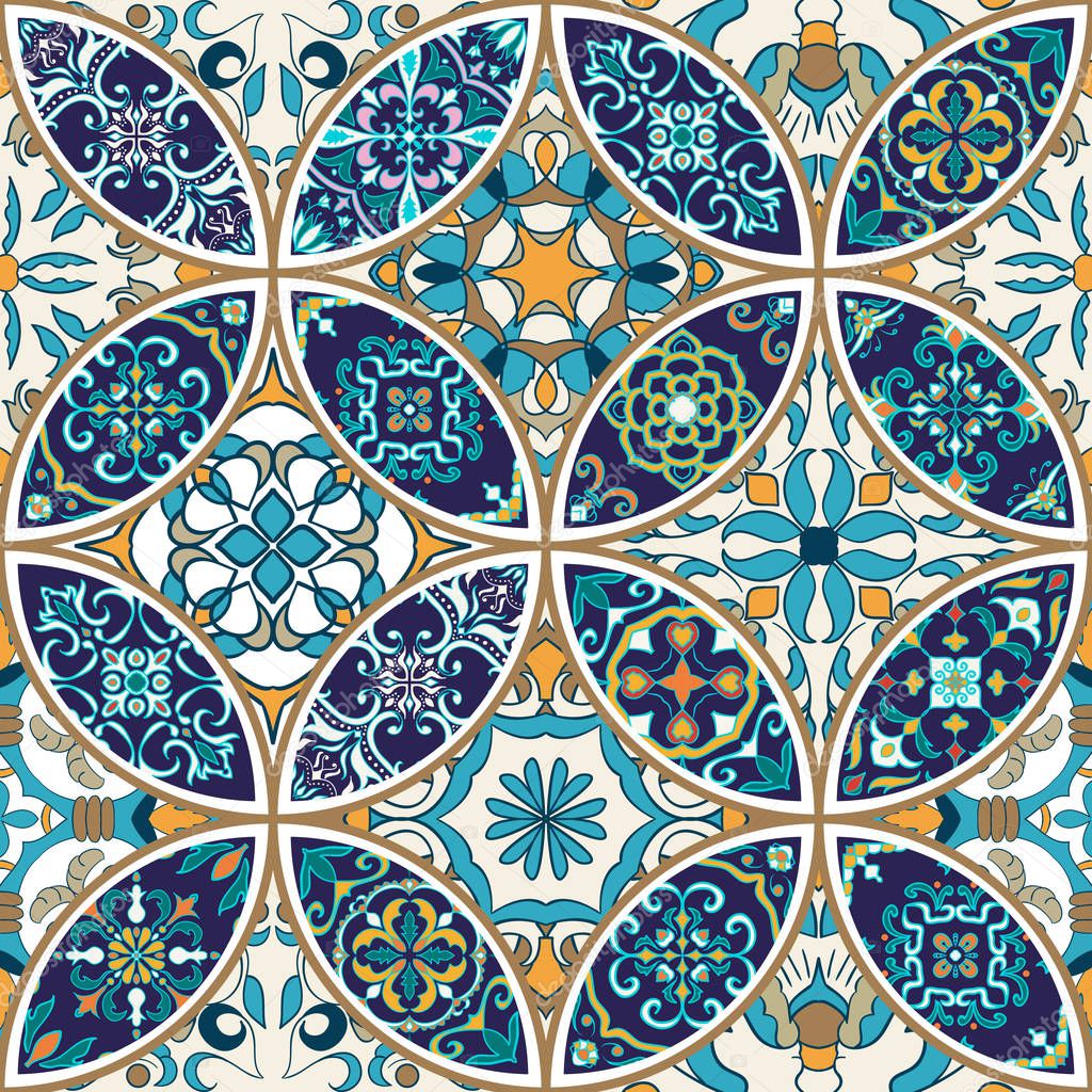 Vector seamless texture. Beautiful patchwork pattern for design and fashion with decorative elements