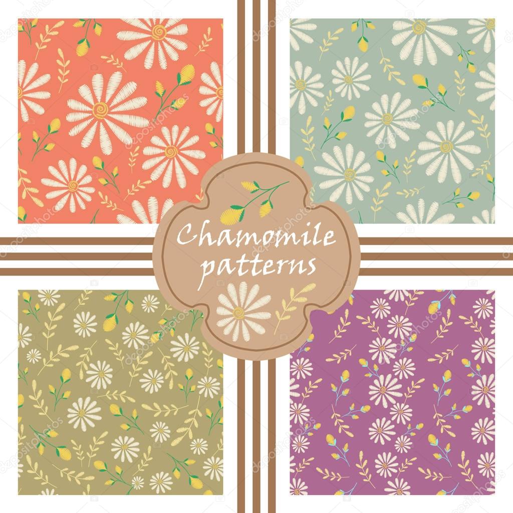 Vector set of decorative pastel flowers patterns. Seamless texture collection. Embroidery floral design with camomiles