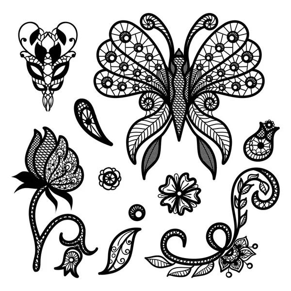 Conjunto vectorial de elementos decorativos. Colección de patrones de encaje: mariposa, flores y hojas — Vector de stock