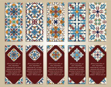 İş ve davet için renkli dikey afiş vektör ayarlayın. Portekizce, Azulejo, Fas; Arapça; Asya süsler