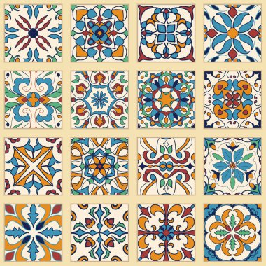 Vektör Portekizce fayans ayarlayın. Tasarım ve moda için renkli desen koleksiyonu