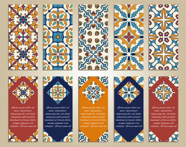 Vector uppsättning färgglada vertikala banners för affärs- och inbjudan. Portugisiska, Azulejo, marockansk; Arabiska; Asiatiska ornament — Stock vektor