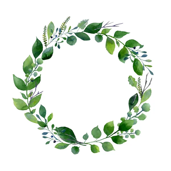 Grinalda aquarela verde. Composição de folhas frescas de verão e galhos de árvores — Fotografia de Stock