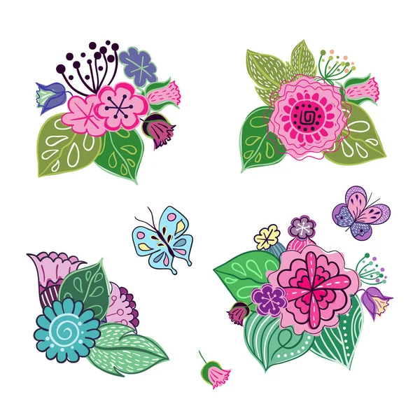 Conjunto vectorial de arreglos florales en estilo doodle. Colección de patrones con elementos naturales — Vector de stock