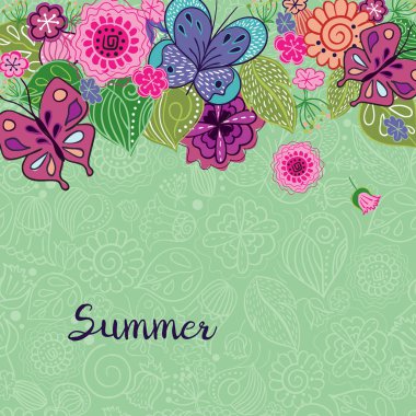 Doğal elemanları ile vektör arka plan. Çiçek desenli metin için yer ile halk tarzında doodle