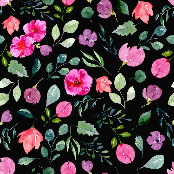 Textura sem costura de flores aquarela e folhas em backgr escuro — Fotografia de Stock