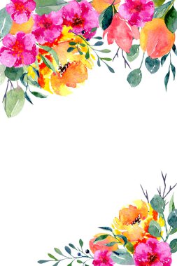 Dikey davetiye şablonu ve suluboya çiçek aranjmanları. Yaz çiçekleri ve yapraklarıyla doğal el çizimi. Beyaz arka planda çiçek ve yeşillik olan arkaplan
