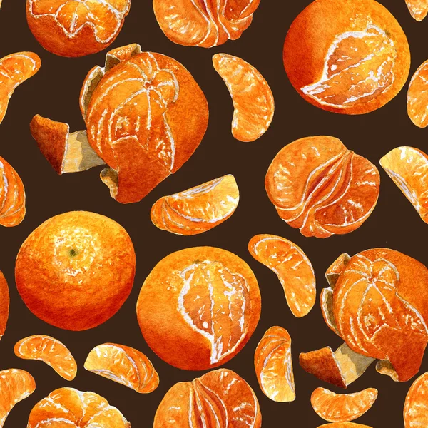 Zökkenőmentes Textúra Akvarell Trópusi Gyümölcsök Minta Mandarinnal Hámozott Szeletelt Élelmiszer — Stock Fotó