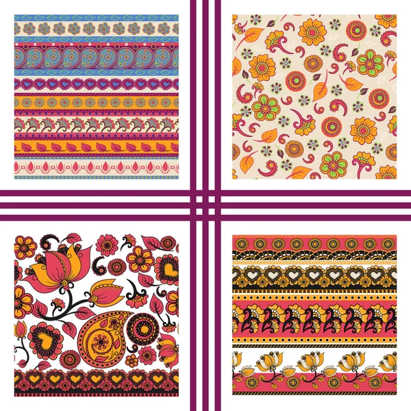 Zestaw Bezszwowej Tekstury Wektorowej Etniczna Indyjska Ozdoba Kalamkari Kolekcja Kwiatowy — Wektor stockowy