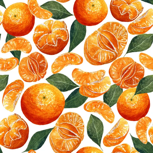 Nahtlose Textur Aus Tropischen Aquarellfrüchten Muster Mit Mandarinen Geschält Scheiben — Stockfoto