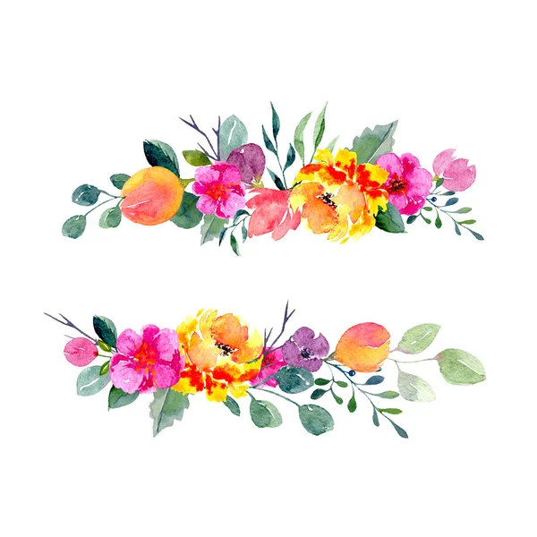 水彩花排列的水平植物区系 自然手绘图案与夏季花卉和叶子 有花朵和绿叶的背景 用于包装或邀请 并附有文字 — 图库照片