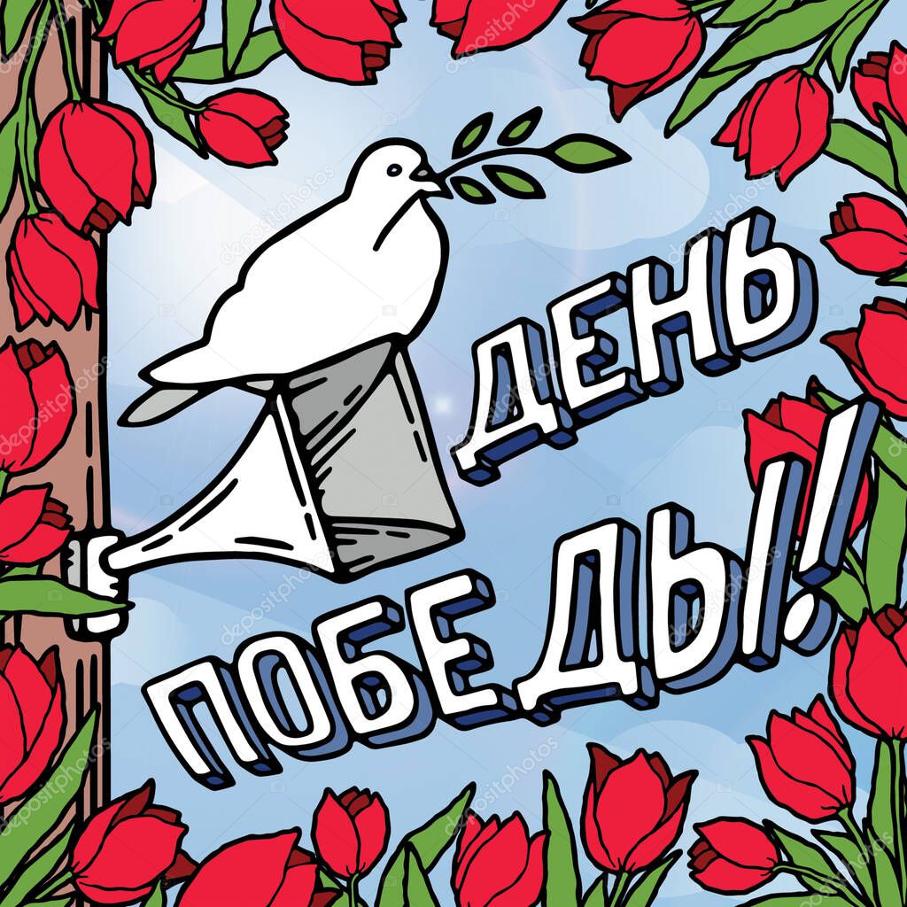 May 9 russian holiday victory day card. White pigeon, mouthpiece, russian lettering and red tulips. Vector illustration