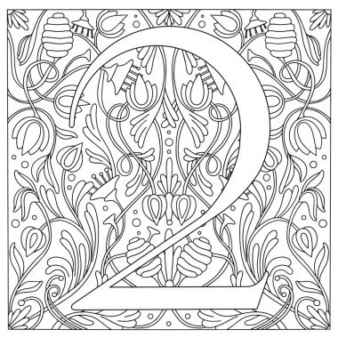 Çiçekler, dallar ve yapraklar olmak üzere iki numaralı kabartma tarzında eski bir illüstrasyon. Art Nouveau ve Art Deco tarzı. Siyah ve beyaz dış hatlı simetrik görüntü