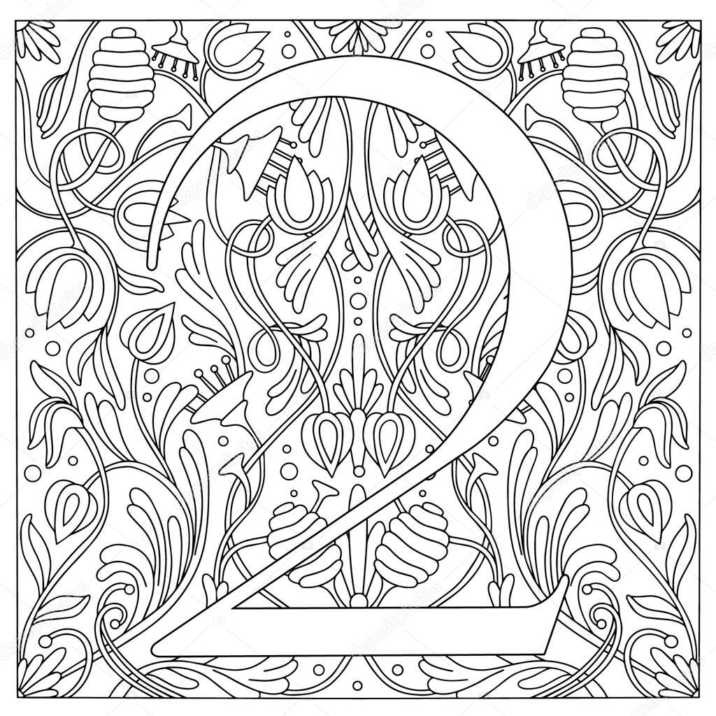 Vintage retro illustration in an engraving style of the number two, flowers, branches and leaves. Art Nouveau and art Deco style. Symmetrical image with a black and white outline contour