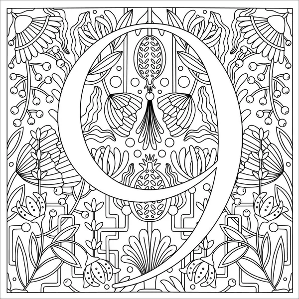 Ilustración retro vintage en un estilo de grabado del número nueve, flores, ramas y hojas. Art Nouveau y estilo art déco. Imagen simétrica con contorno en blanco y negro — Vector de stock