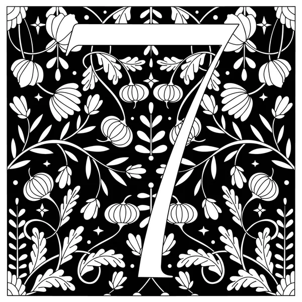 Vintage ilustração retro em um estilo de gravura do número sete, flores, ramos e folhas. Art Nouveau e estilo art déco. Imagem simétrica com contorno em preto e branco — Vetor de Stock