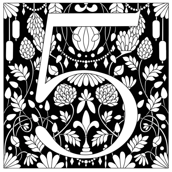 Ilustração retro vintage em um estilo de gravura do número cinco, flores, ramos e folhas. Art Nouveau e estilo art déco. Imagem simétrica com contorno em preto e branco — Vetor de Stock