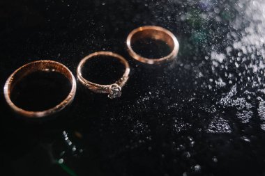 Su püskürten alyanslar. Koyu tonda altın yüzükler. Nişan yüzüğü. Evlilik için yüzük seçimi.