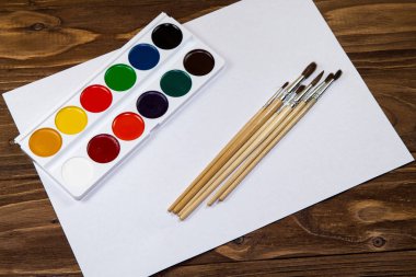 Fırçalar ve boya ahşap arka plan üzerinde sanat paletle. Yakın çekim