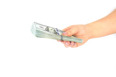 El dolarlık banknotlar beyaz bir arka plan üzerinde tutun. Yakın çekim