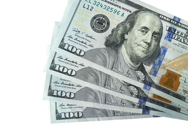 100 dollár bankjegyek elkülönített fehér háttér — Stock Fotó