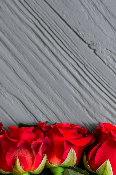 Flores rosas rojas sobre fondo de madera gris con copyspace — Foto de Stock