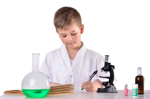 O cientista do laboratório de química escreve com uma caneta. — Fotografia de Stock