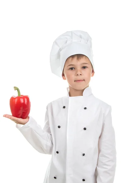 Cute boy with pepper in Chef uniform on white background — Stock Photo, Image