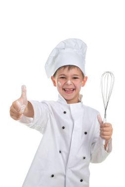 Beyaz arka plan üzerinde el çırpma teli ile şirin oynak küçük şef