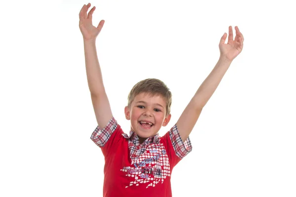 Retrato de niño emocionalmente. Chico divertido aislado sobre fondo blanco —  Fotos de Stock