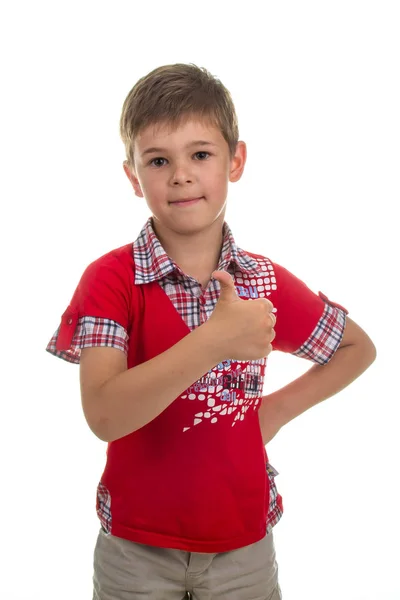 Portrait of satisfied little boy in bright t-shirt on white background. — Stock Photo, Image