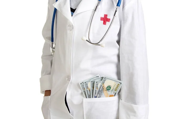 Money in the doctors pocket. Gratitude to modern medicine — Stock Photo, Image