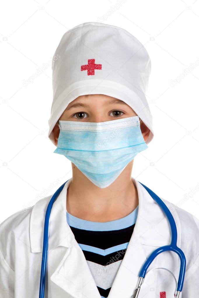 Doctors portrait in a surgical mask warning about virus. Surgical mask