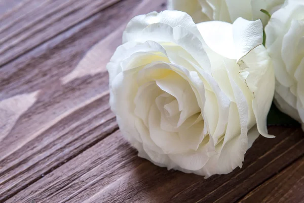 Macro vista de rosa blanca en la mesa de madera de lujo — Foto de Stock