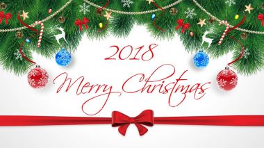 2018 mutlu Noeller. Abonelik ile şirin özgün neşeli Noel tebrik kartı. Noel tinsels ve kırmızı şerit ve merkezi yay ile beyaz arka plan üzerinde abonelik