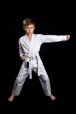 Hazır açık duruş karate yaptı ve yumruk sıkılı alt sağ kolu ile kol düz hit