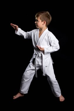 Tam duruş kimono gösterir poz açık avuç içi ile erkek savaşçı. Siyah arka plan üzerine yepyeni kimono ciddi çocukta