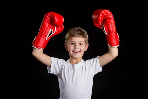 Pequeño boxeador extremadamente feliz y exitoso con ambas manos en guantes de boxeo rojos —  Fotos de Stock